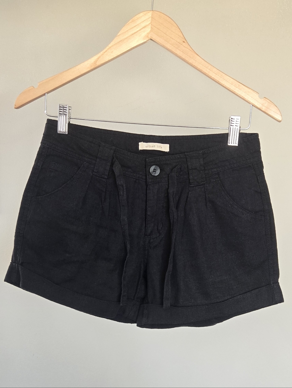 Urban Life Linen Cotton Blend Shorts Black High Rise Cuffed Casual Summer